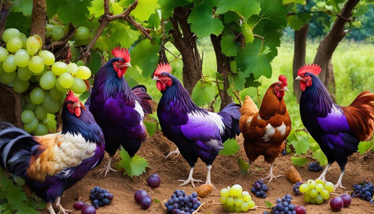 chickens eating grapes