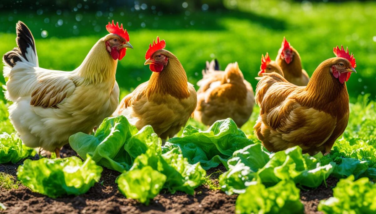chickens eating lettuce