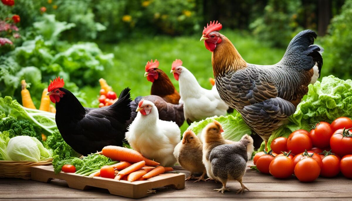 chickens eating vegetables