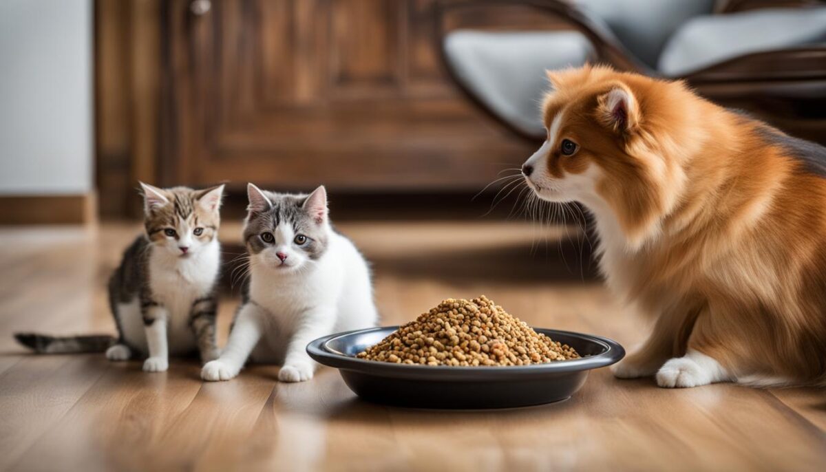 dogs and cats eating together