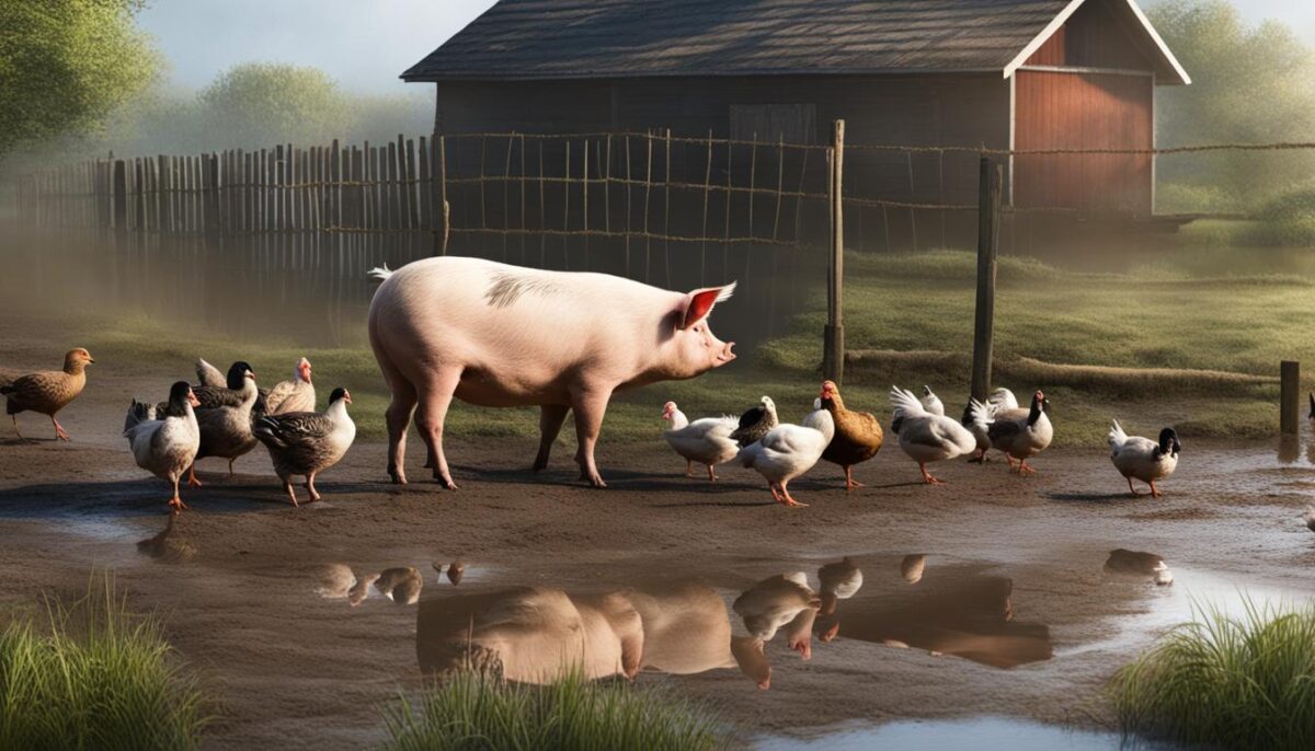 ducks and geese with pigs and chickens