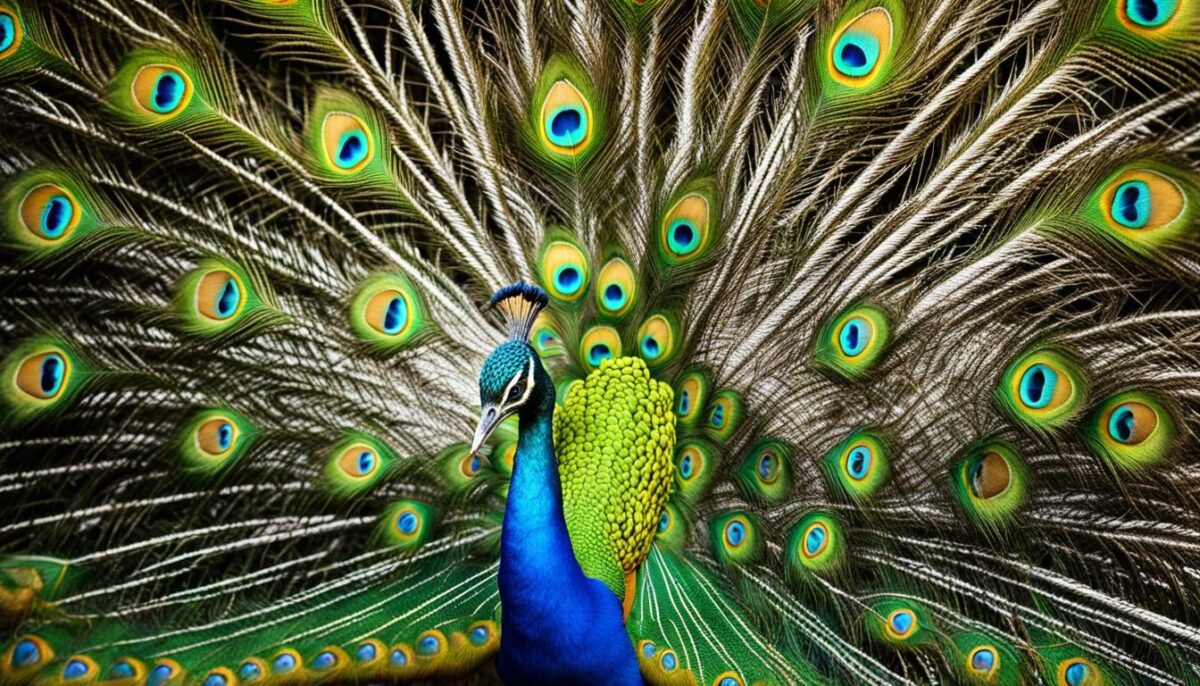 male peacock displaying his vibrant tail feathers