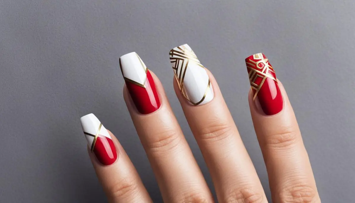 Red and gold geometric nails